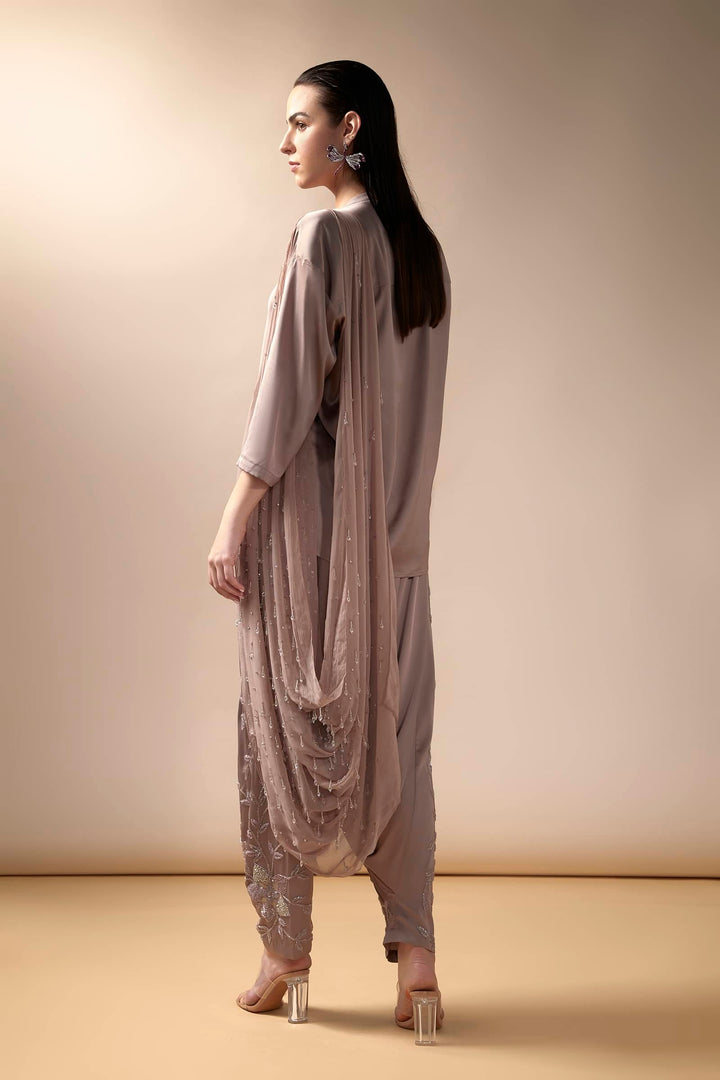 Satin Drop Crotch Pants Set With Crystal Embellished Chiffon Dupatta (Deep Crepe)