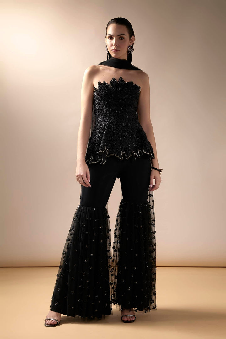 Black Embroidered Peplum And Sharara Set