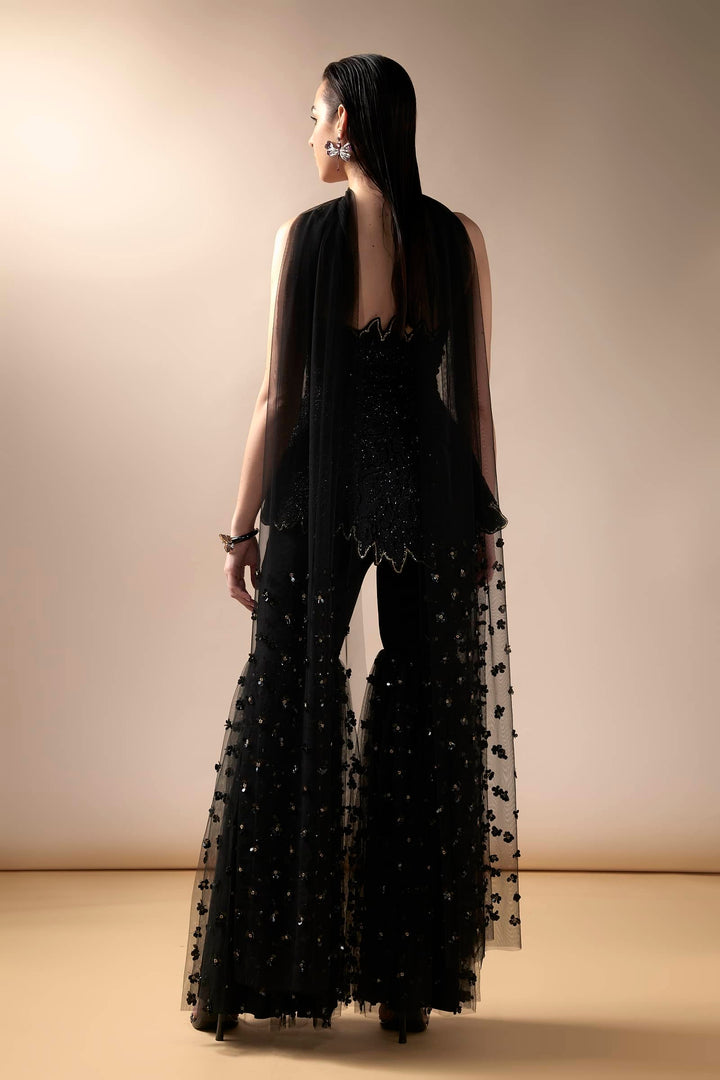 Black Embroidered Peplum And Sharara Set