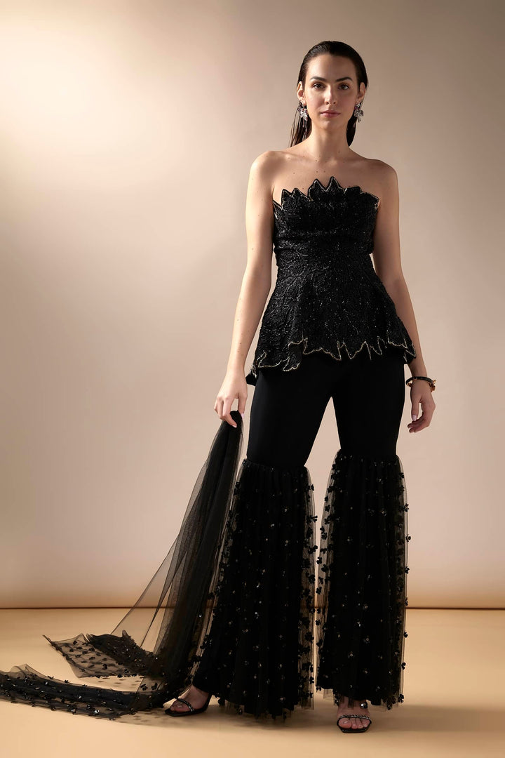Black Embroidered Peplum And Sharara Set