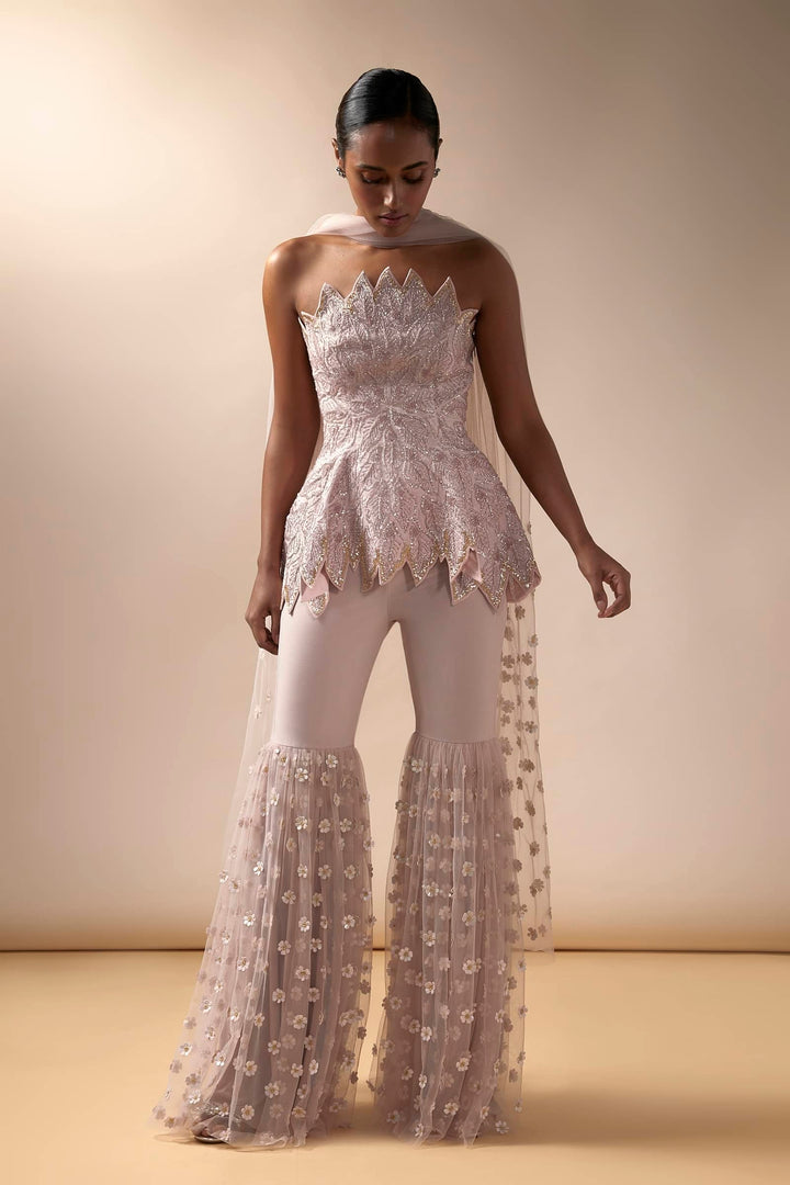 Pink Embroidered Peplum And Sharara Set