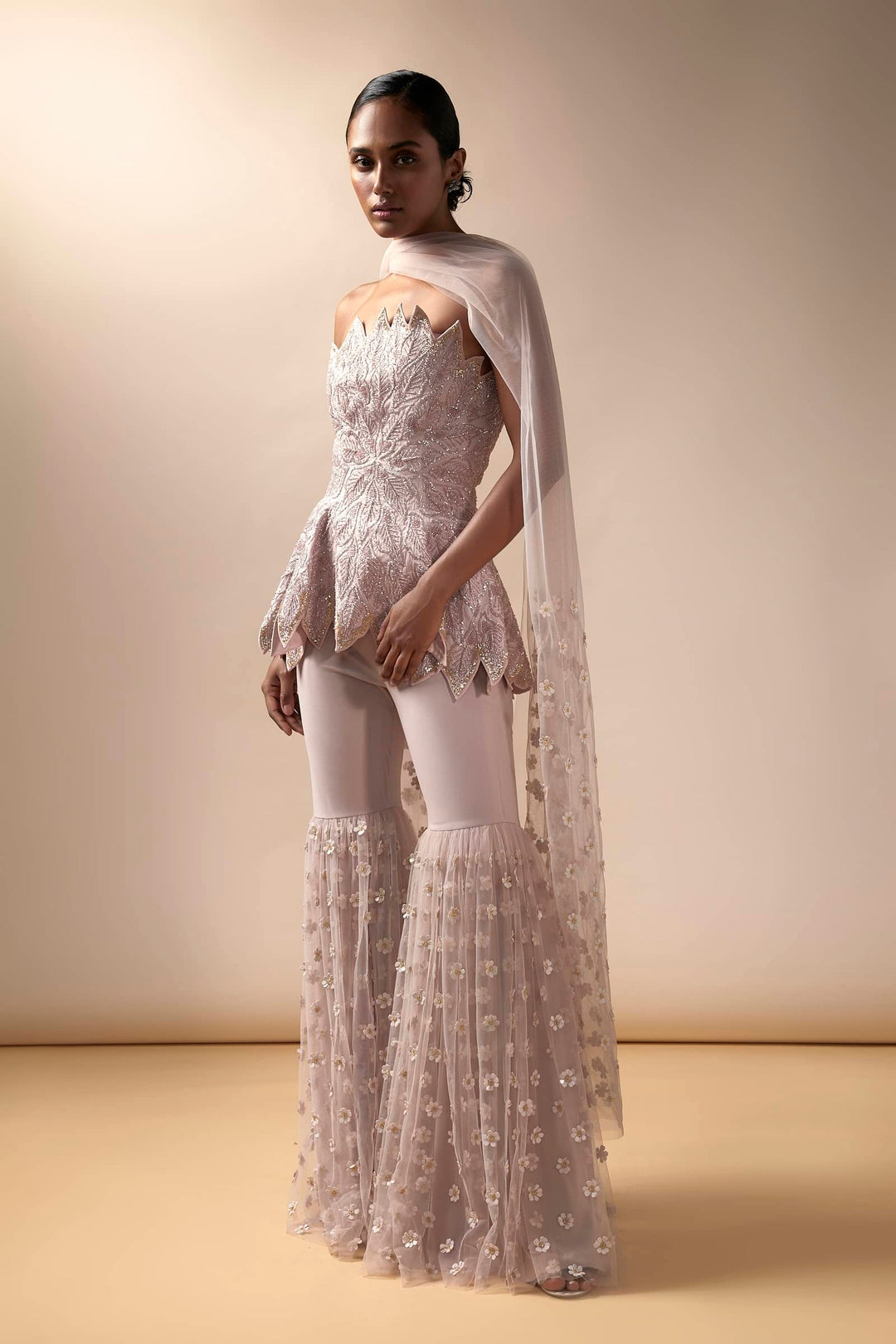 Pink Embroidered Peplum And Sharara Set