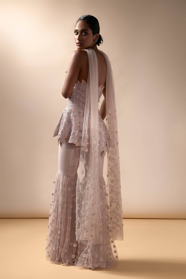 Pink Embroidered Peplum And Sharara Set