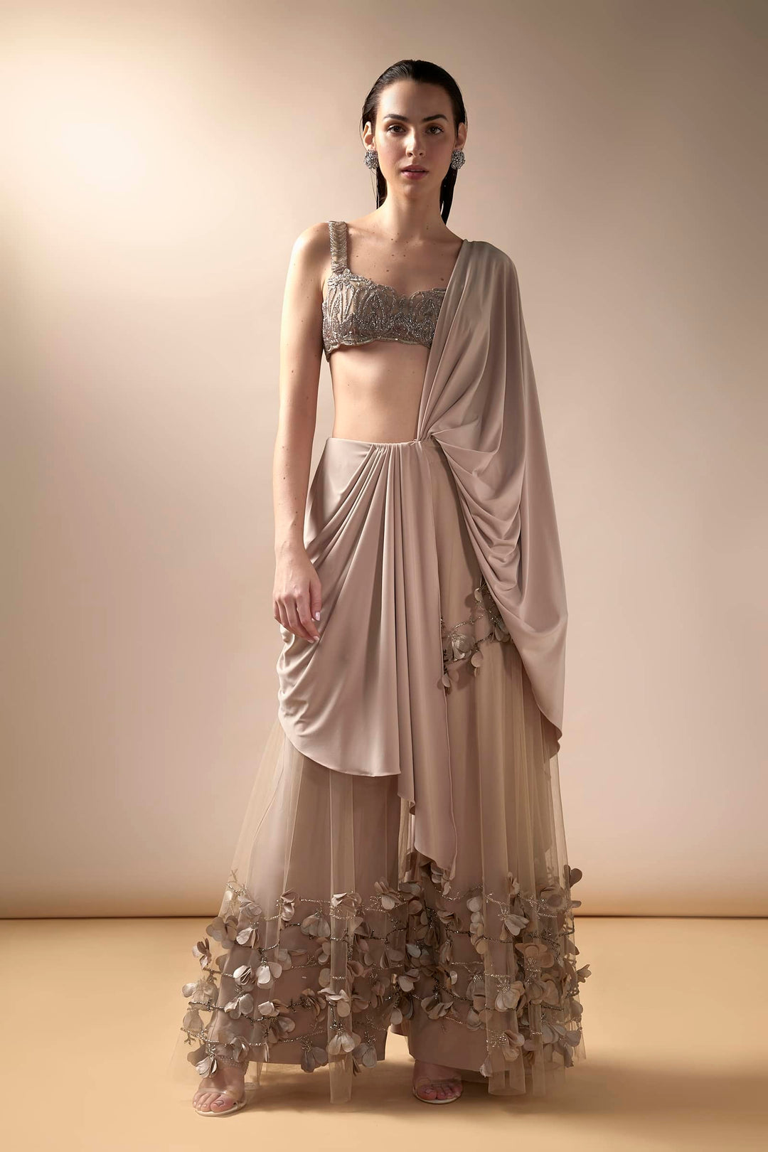 Nude Wide Legged Pant Saree With Embellished Blouse