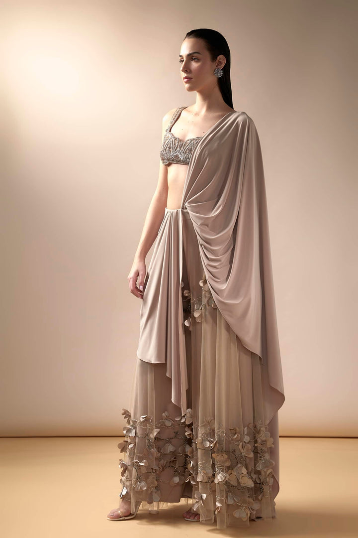 Nude Wide Legged Pant Saree With Embellished Blouse