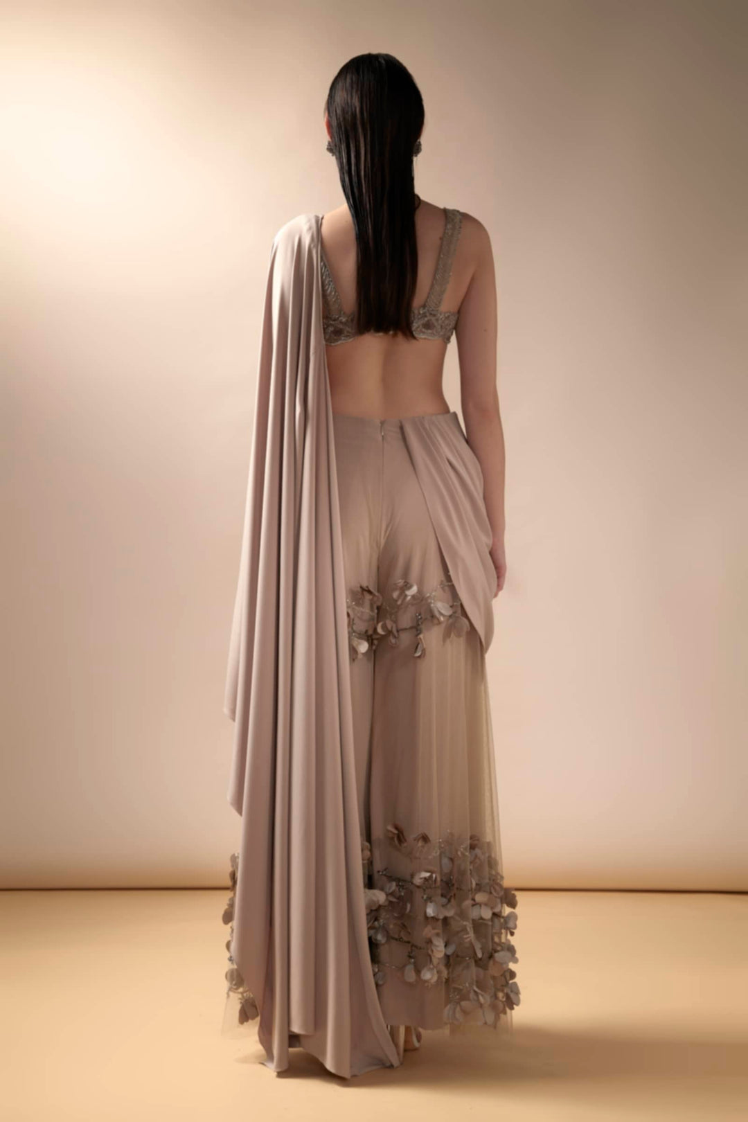 Nude Wide Legged Pant Saree With Embellished Blouse