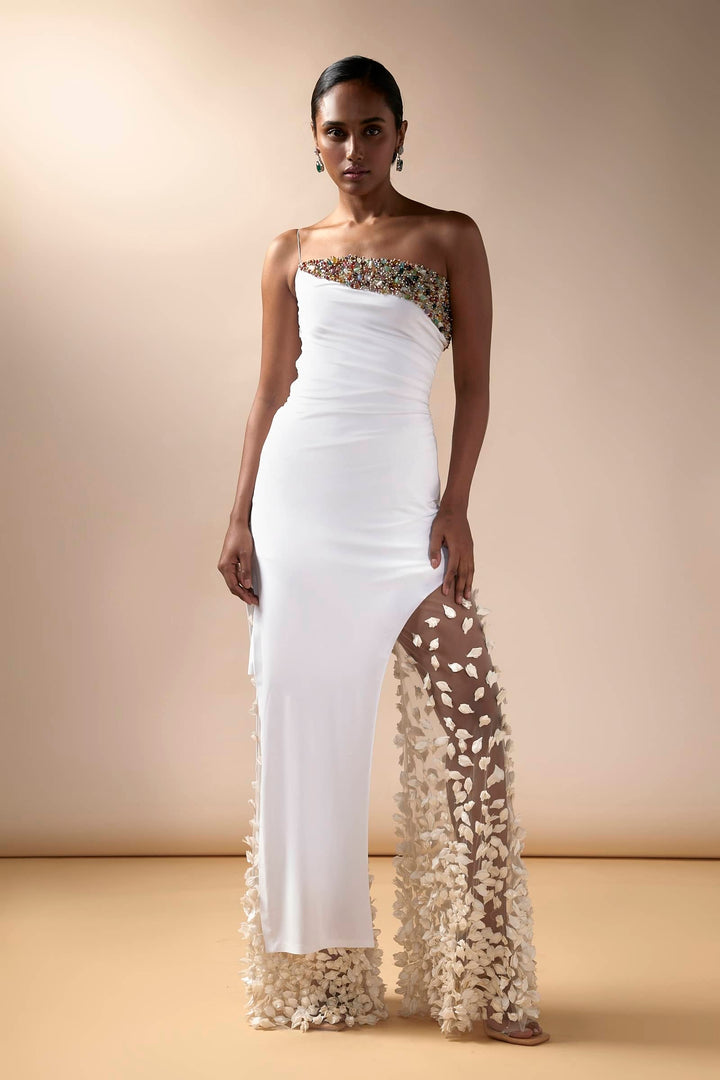 White Jersey Slit Top With Petal Pants