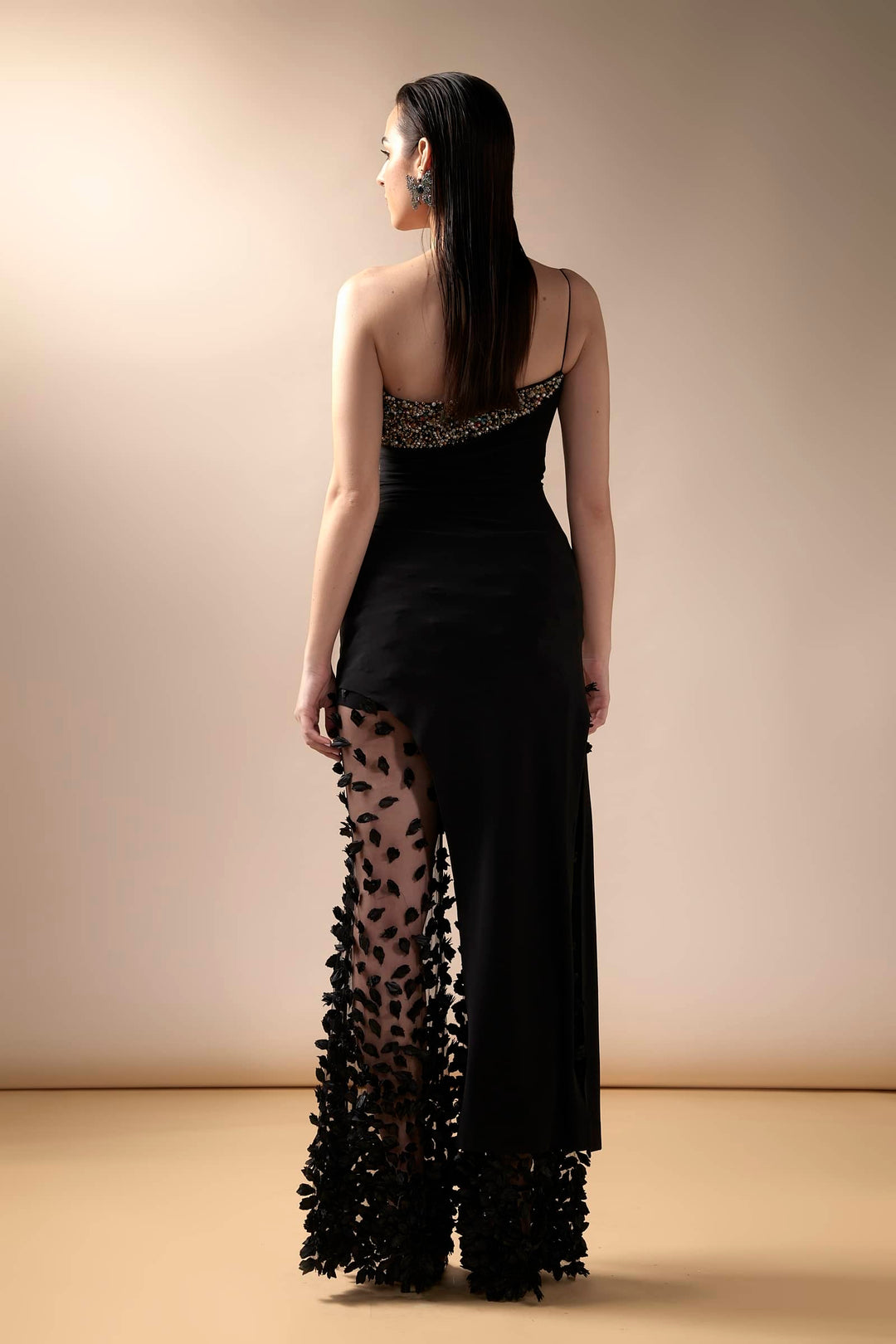 Black Jersey Slit Top With Petal Pants