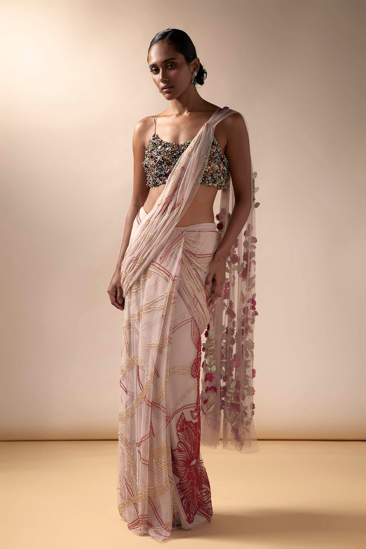 Pink Wave Saree With Multi Colored Beaded Blouse