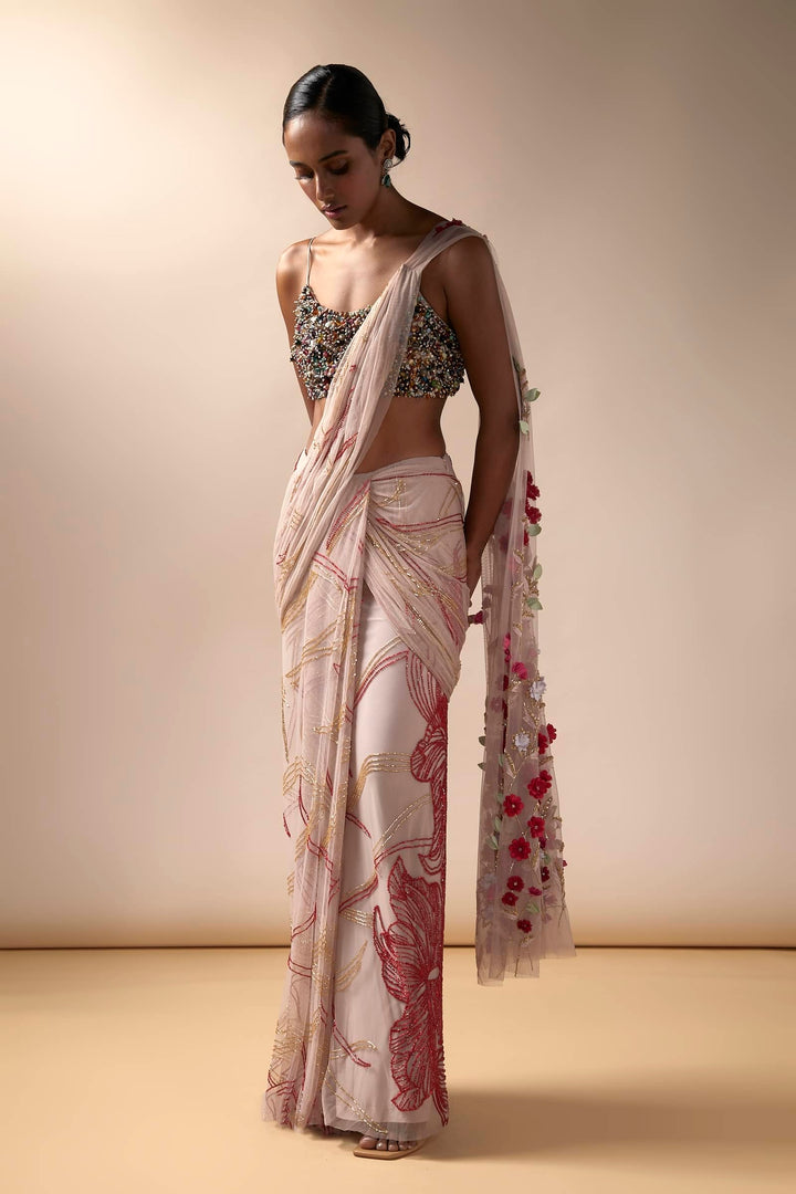 Pink Wave Saree With Multi Colored Beaded Blouse