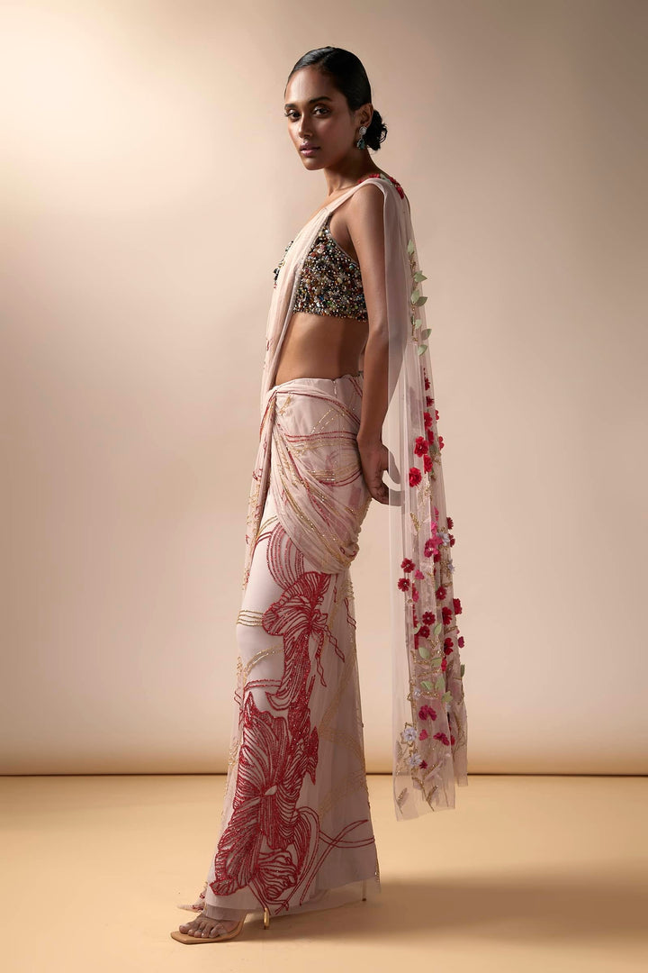 Pink Wave Saree With Multi Colored Beaded Blouse