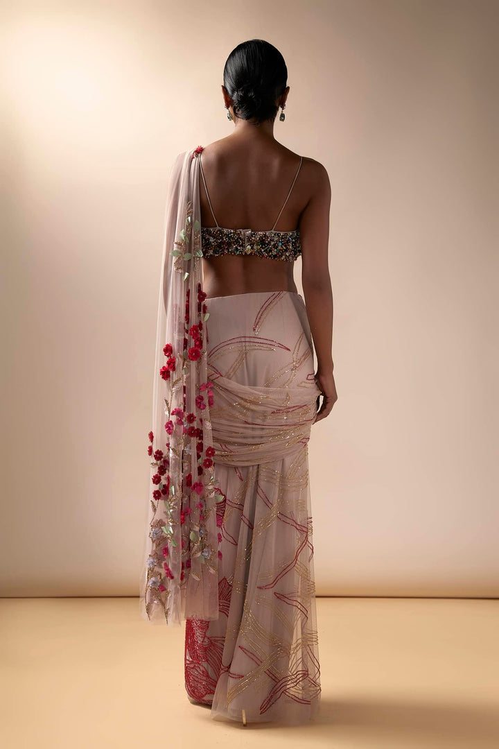 Pink Wave Saree With Multi Colored Beaded Blouse