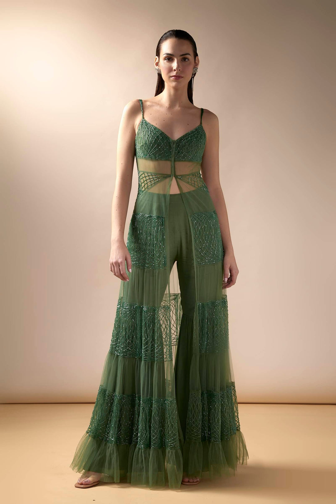 Tiered Tulle Jacket And Sharara Set (Moss)