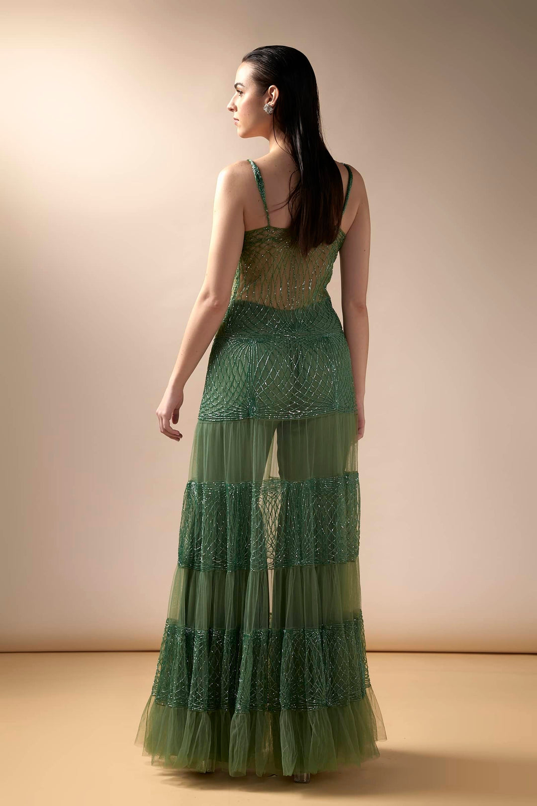 Tiered Tulle Jacket And Sharara Set (Moss)