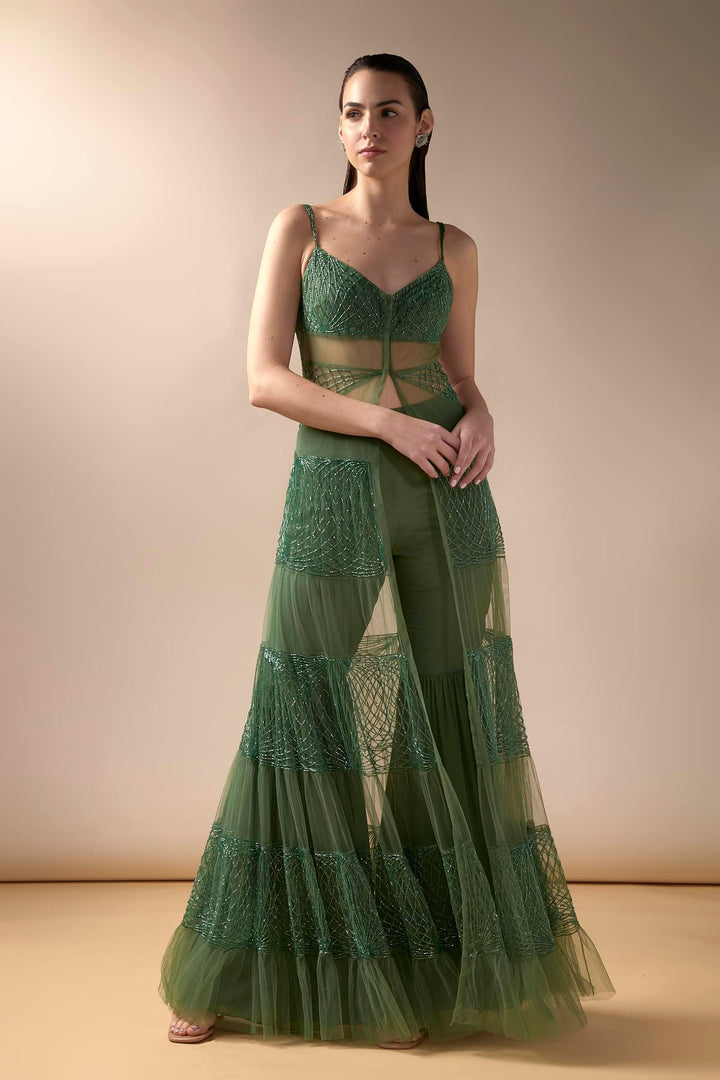 Tiered Tulle Jacket And Sharara Set (Moss)
