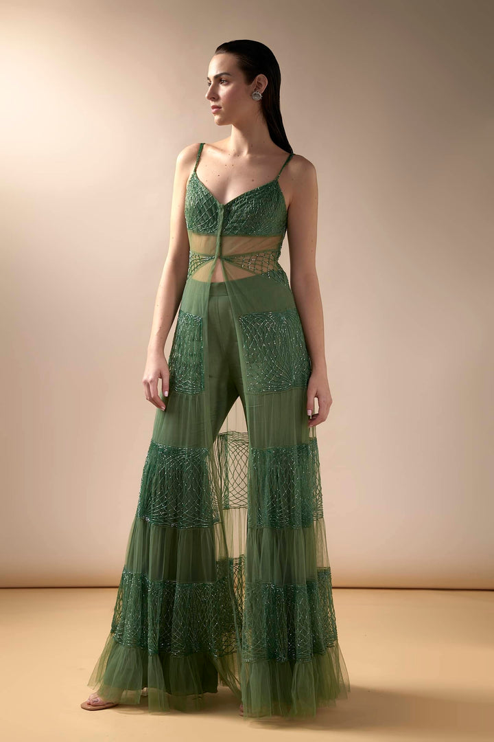 Tiered Tulle Jacket And Sharara Set (Moss)