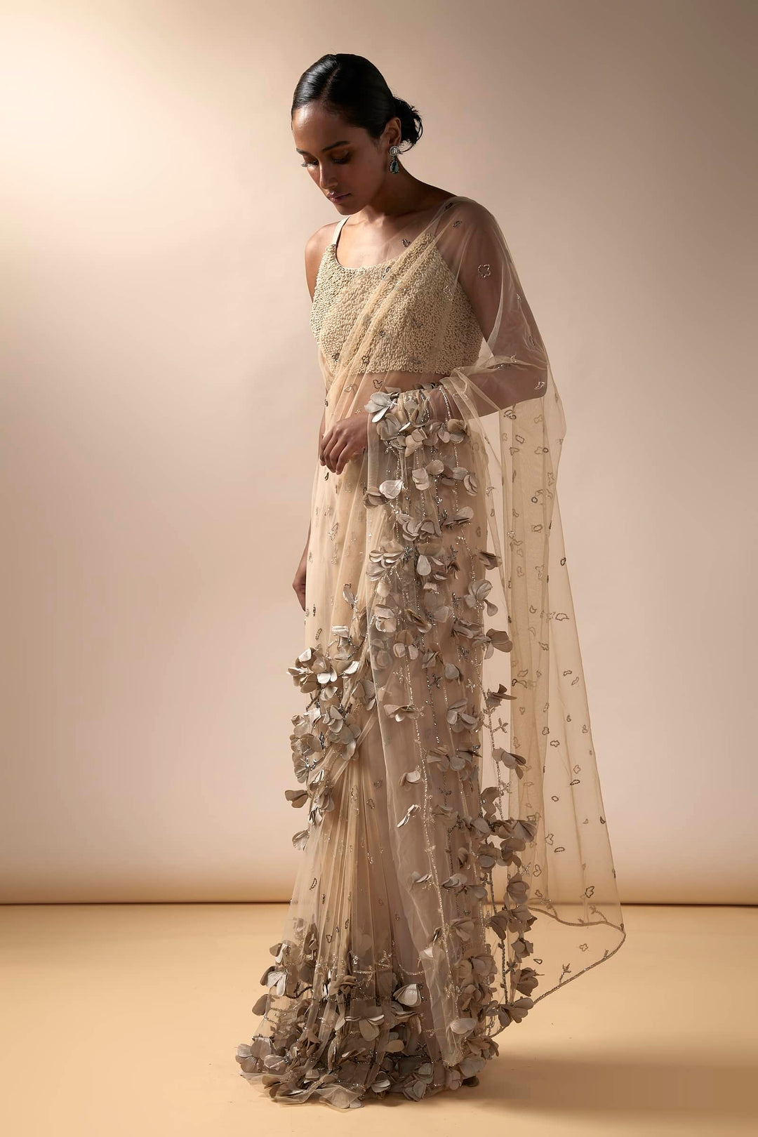 Full Bloom Tulle Saree With Beaded Blouse (Nude)