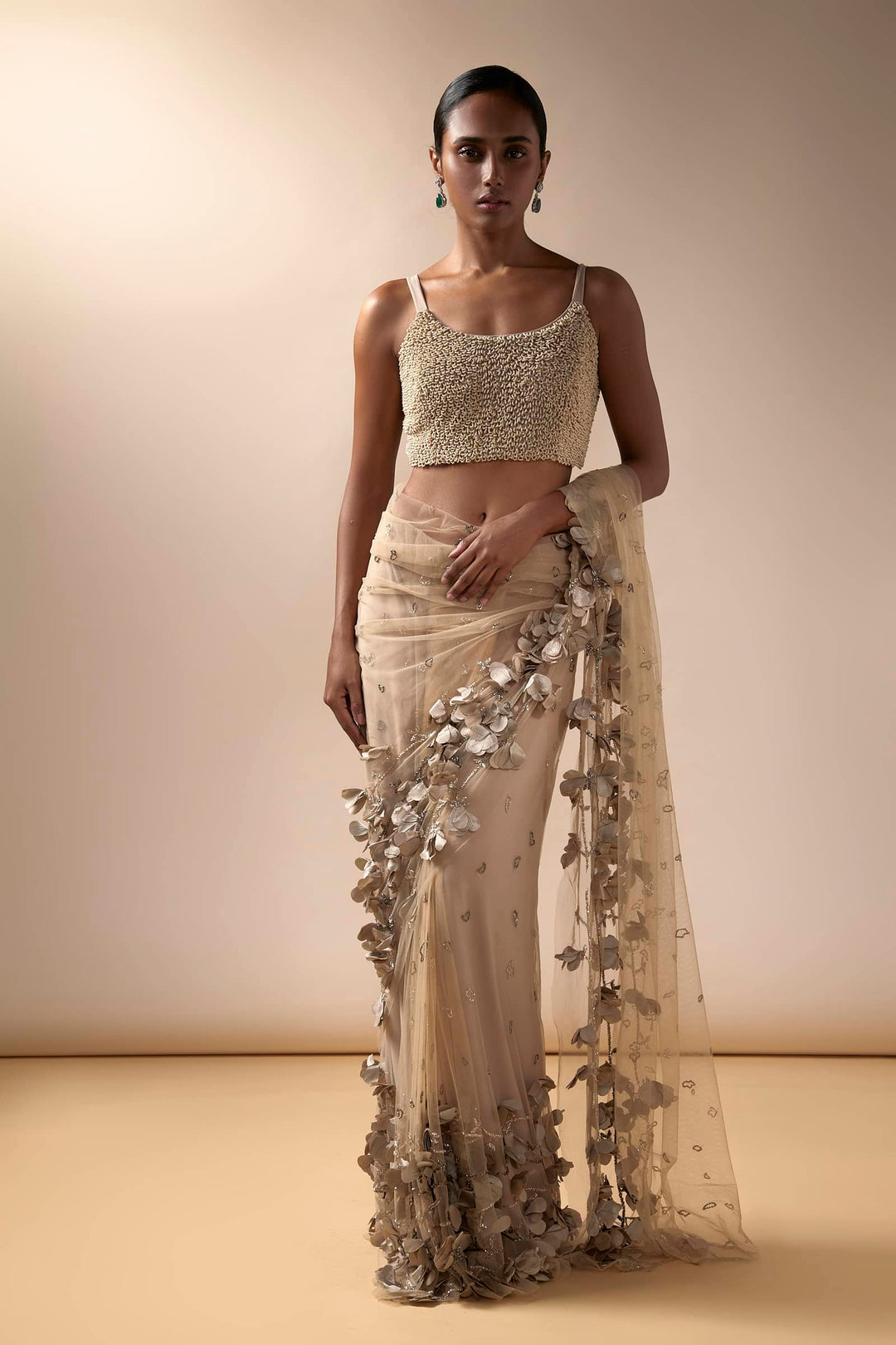 Full Bloom Tulle Saree With Beaded Blouse (Nude)