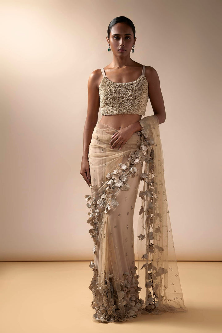 Full Bloom Tulle Saree With Beaded Blouse (Nude)