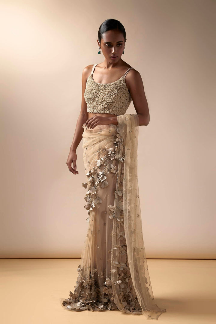 Full Bloom Tulle Saree With Beaded Blouse (Nude)