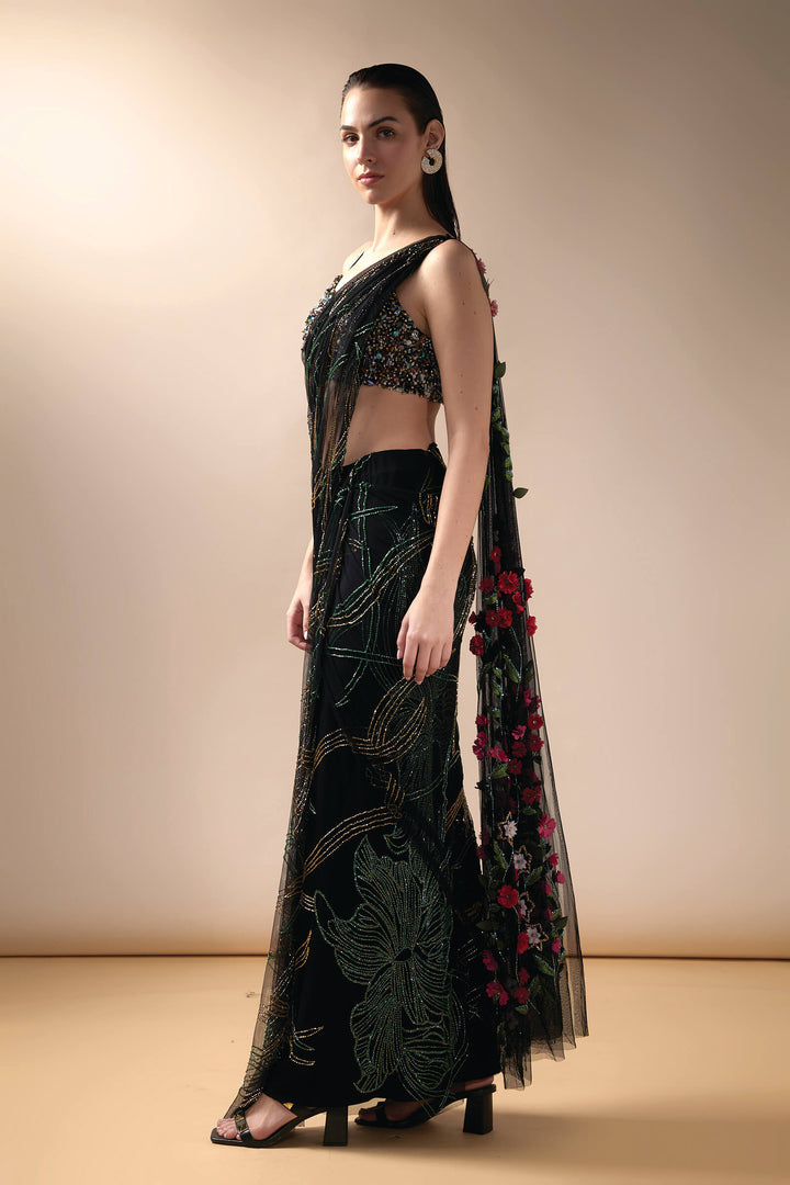 Black Wave Saree With Multicolored Beaded Blouse