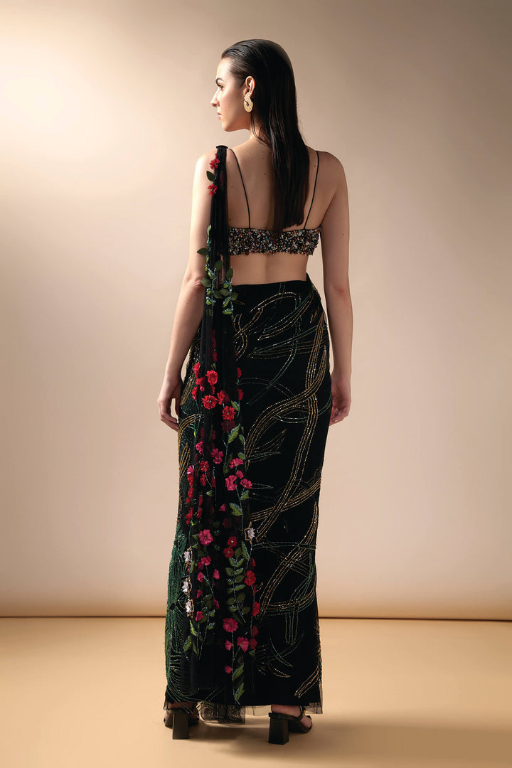 Black Wave Saree With Multicolored Beaded Blouse
