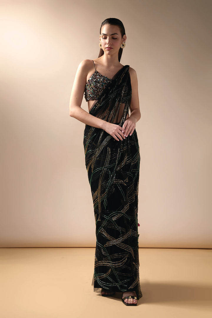 Black Wave Saree With Multicolored Beaded Blouse