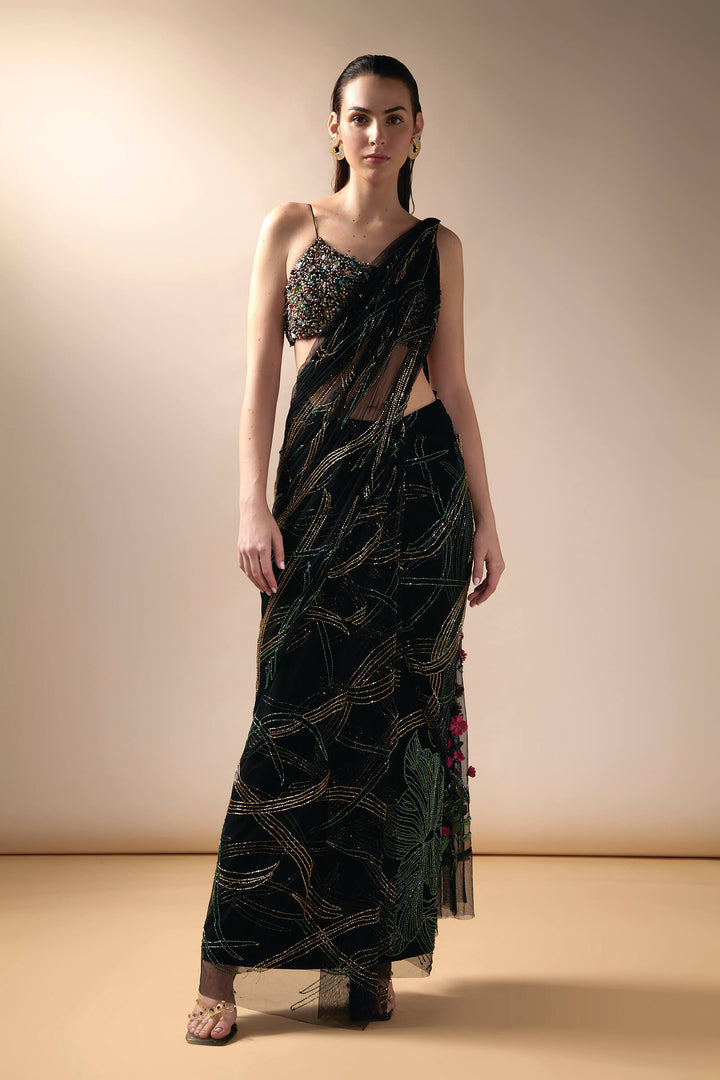Black Wave Saree With Multicolored Beaded Blouse