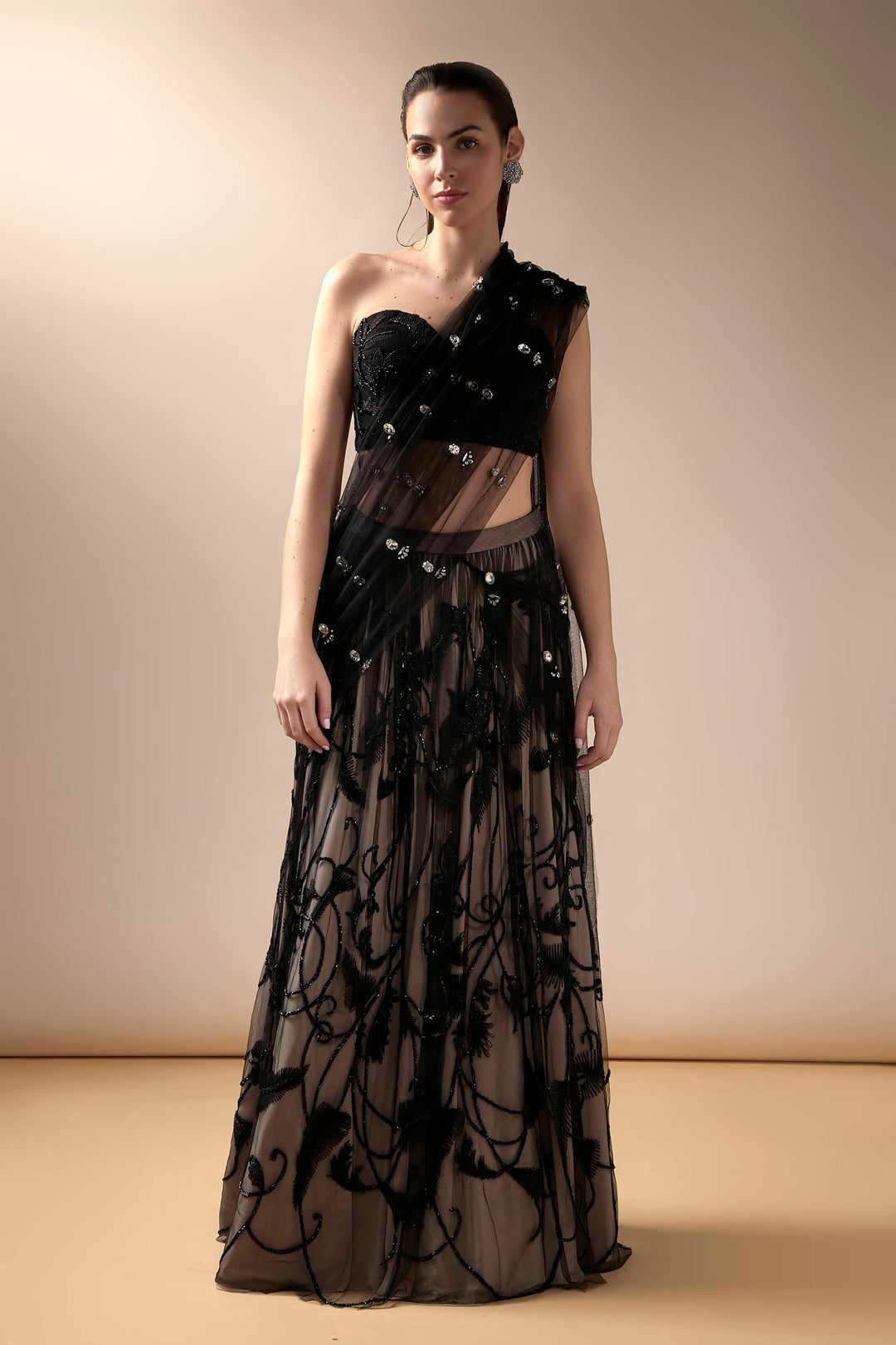Black And Nude Lehenga Saree With Stone Aanchal And Threadwork Corset