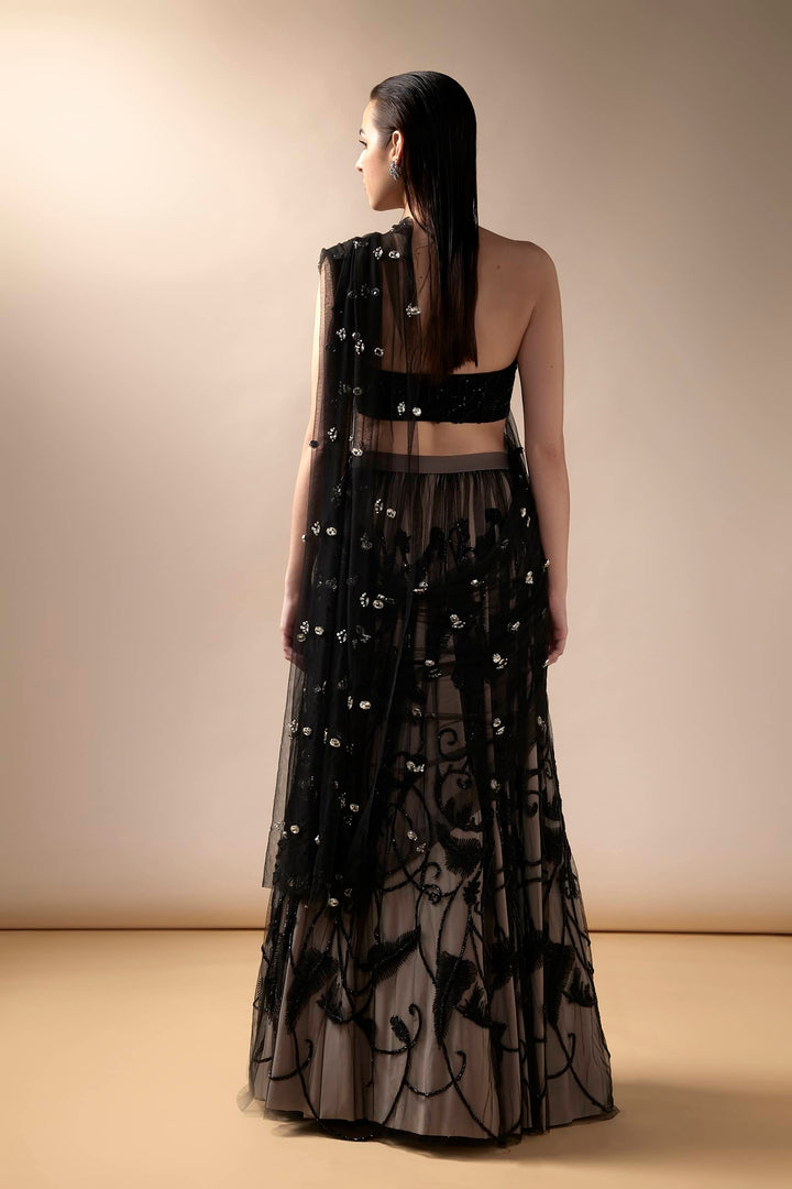 Black And Nude Lehenga Saree With Stone Aanchal And Threadwork Corset