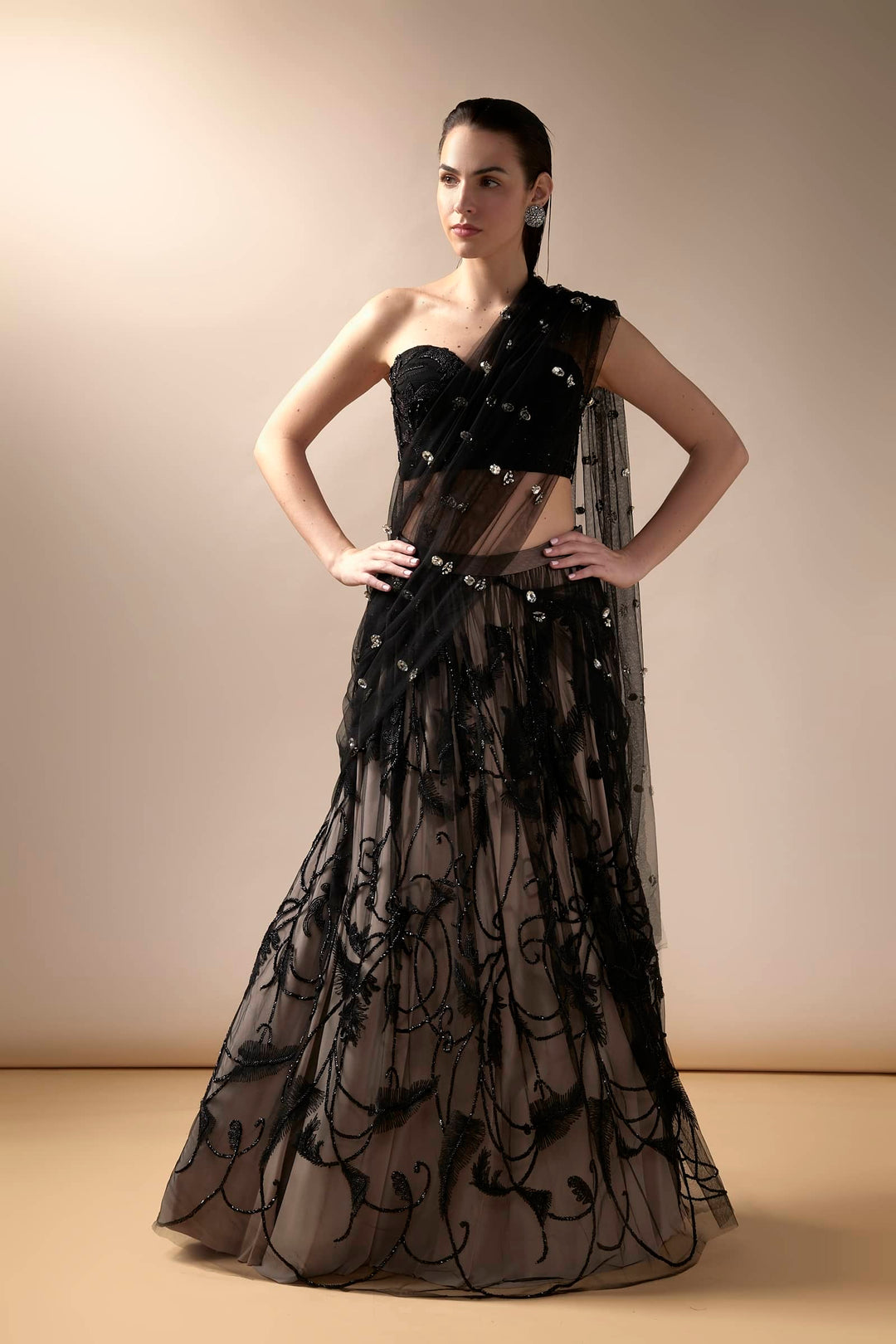 Black And Nude Lehenga Saree With Stone Aanchal And Threadwork Corset