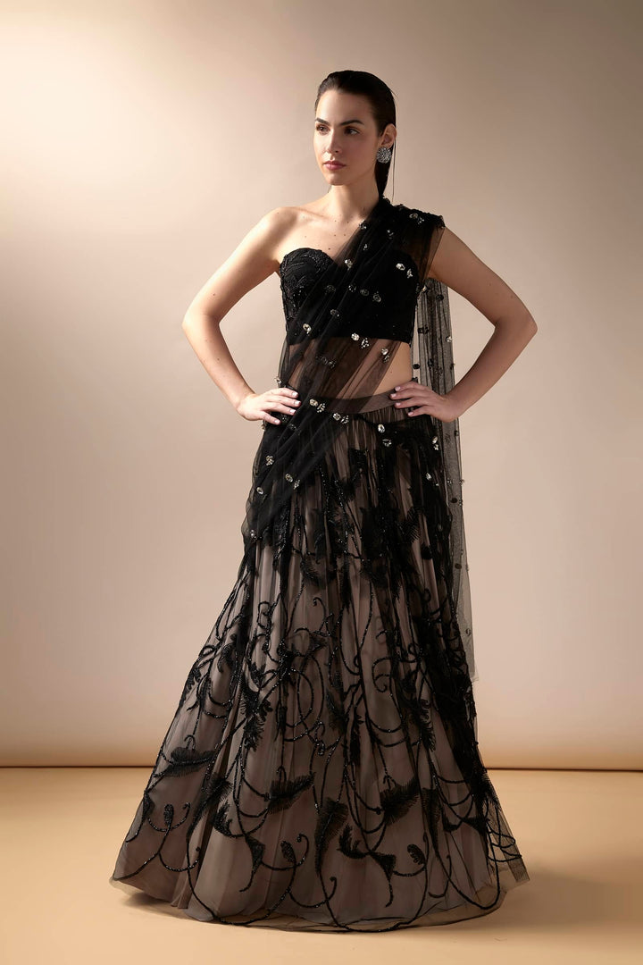 Black And Nude Lehenga Saree With Stone Aanchal And Threadwork Corset