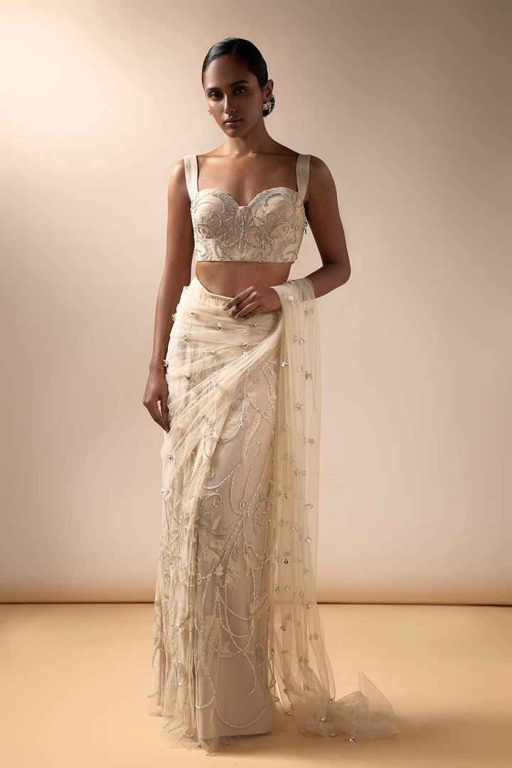 Champagne Tulle Saree With Stone Aanchal And Threadwork Blouse