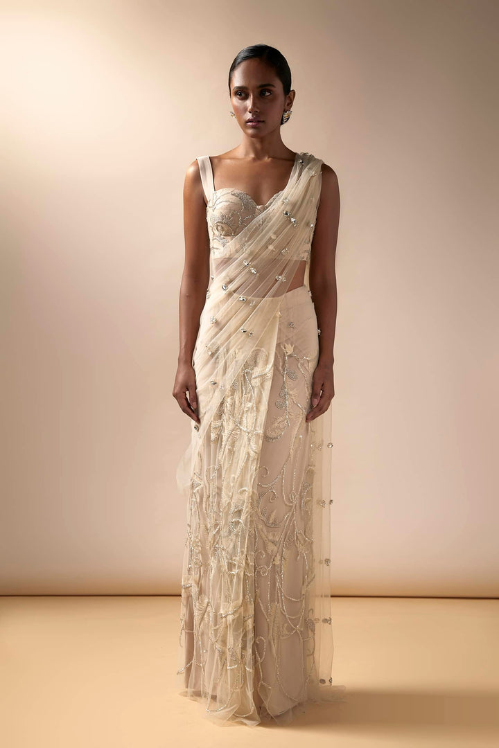 Champagne Tulle Saree With Stone Aanchal And Threadwork Blouse