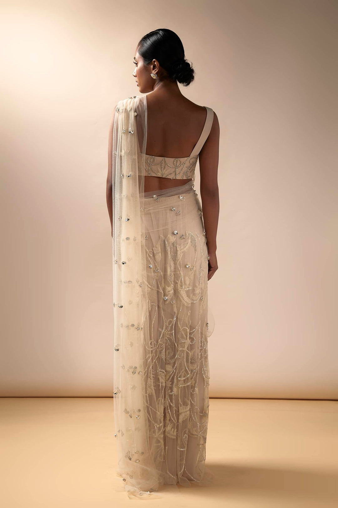 Champagne Tulle Saree With Stone Aanchal And Threadwork Blouse