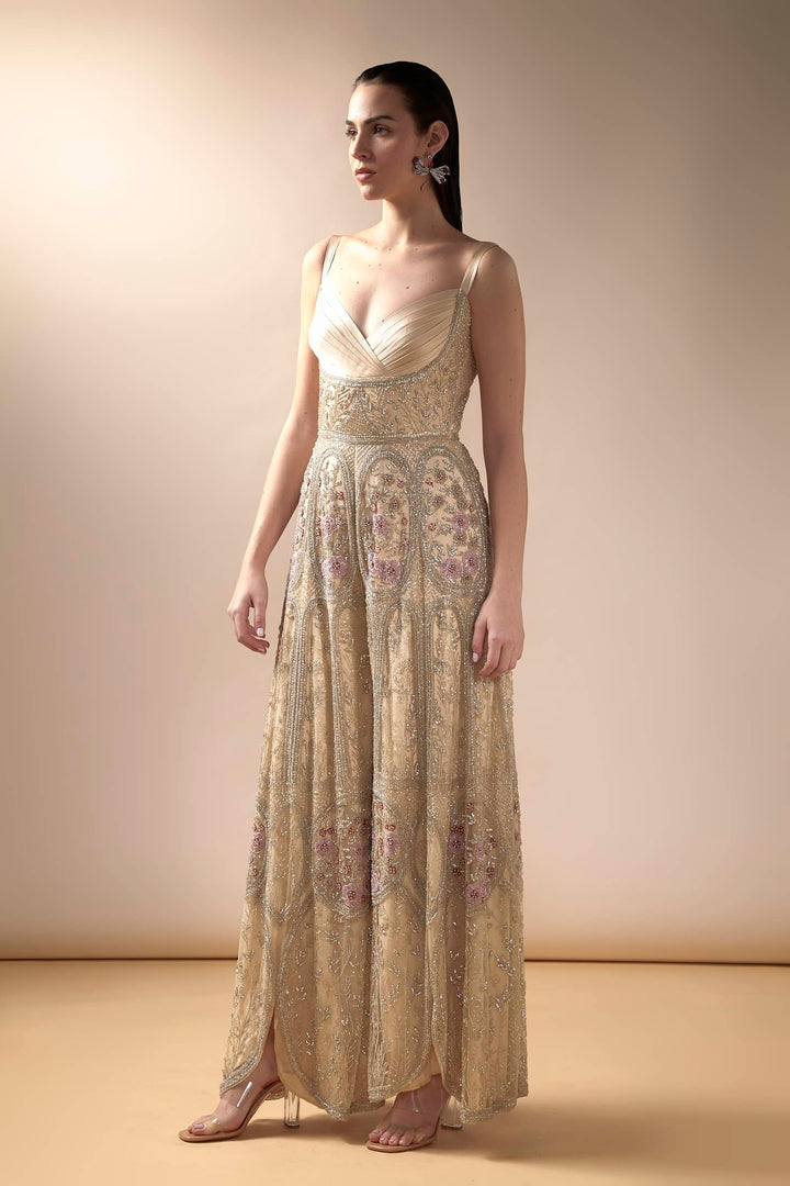 Beige Tulle Hand Embroidered Jumpsuit with Pleated Yoke