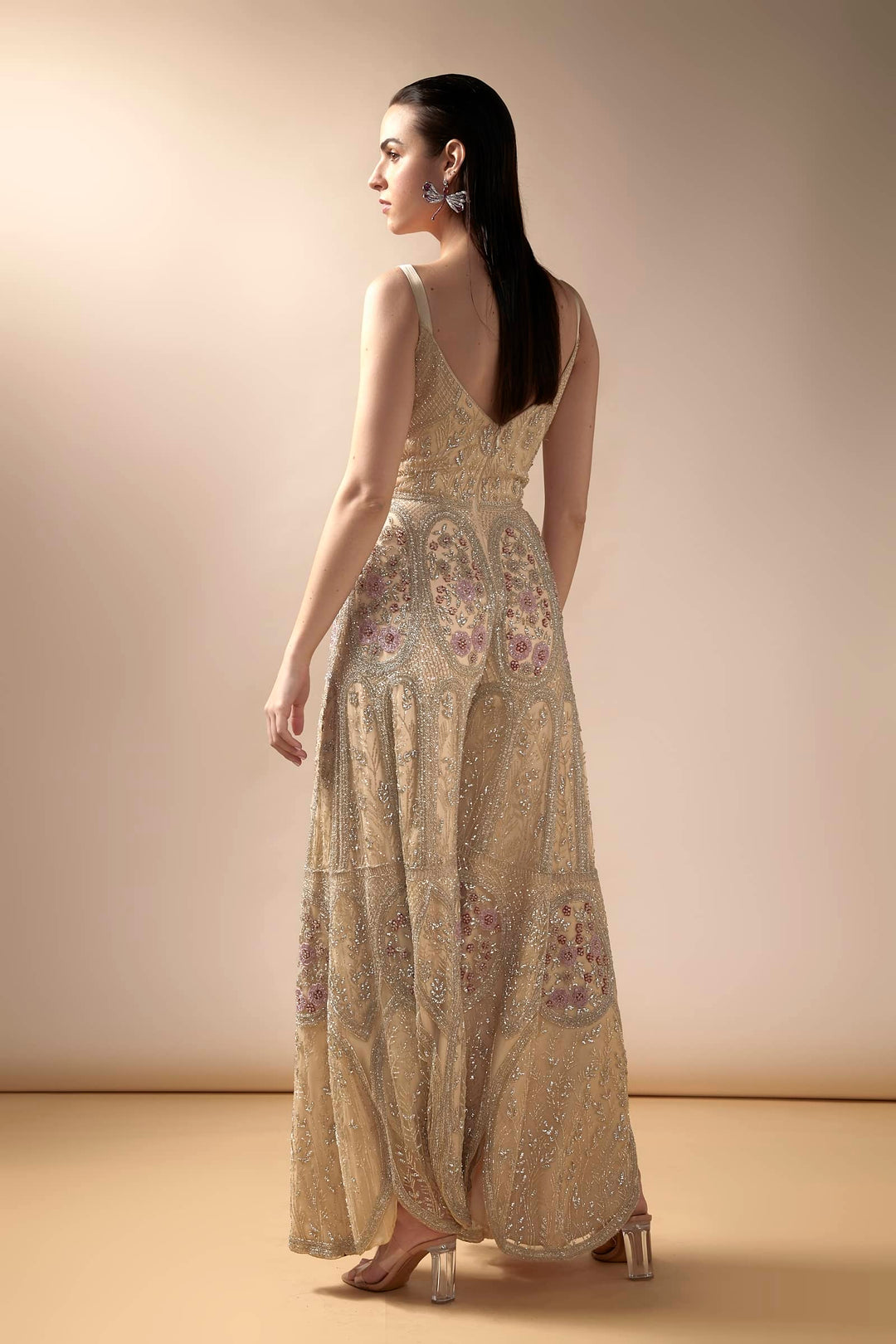 Beige Tulle Hand Embroidered Jumpsuit with Pleated Yoke