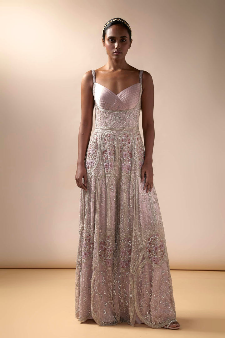 Pastel Pink Tulle Hand Embroidered Jumpsuit with Pleated Yoke