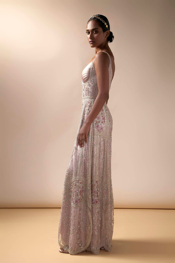 Pastel Pink Tulle Hand Embroidered Jumpsuit with Pleated Yoke