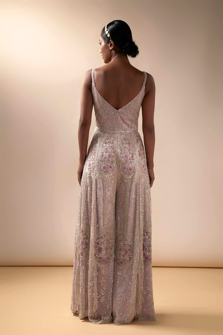 Pastel Pink Tulle Hand Embroidered Jumpsuit with Pleated Yoke