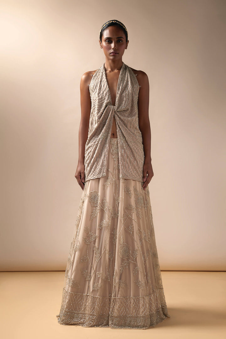 Tulle Lehenga With Halter Knotted Top (Nude)