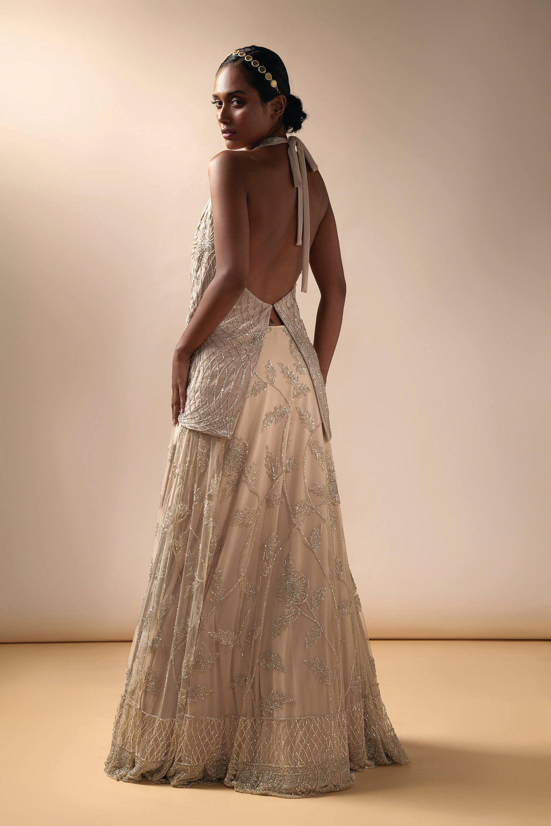 Tulle Lehenga With Halter Knotted Top (Nude)