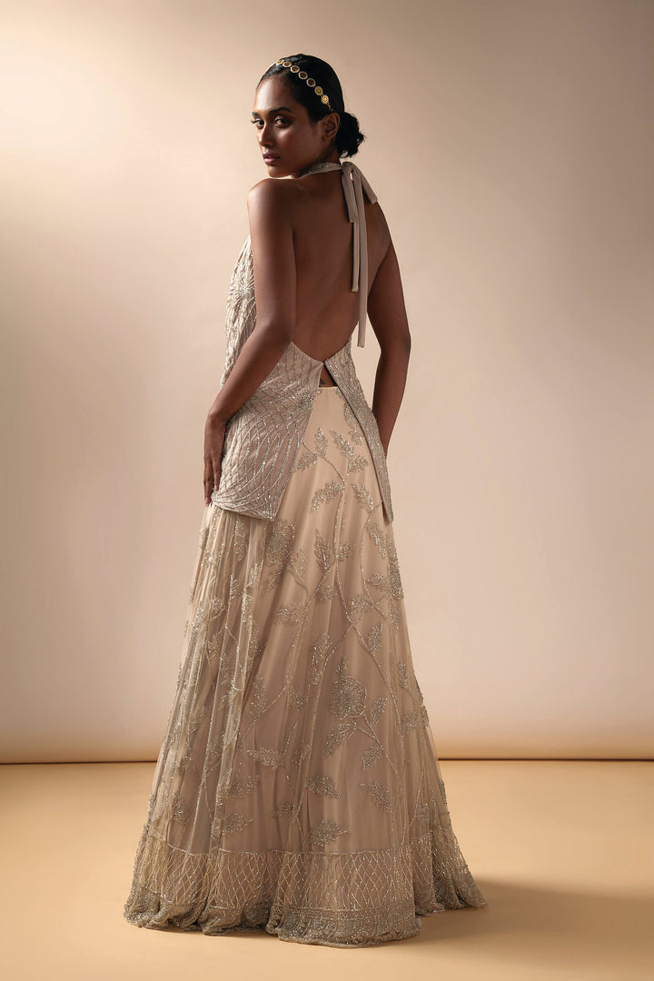 Tulle Lehenga With Halter Knotted Top (Nude)