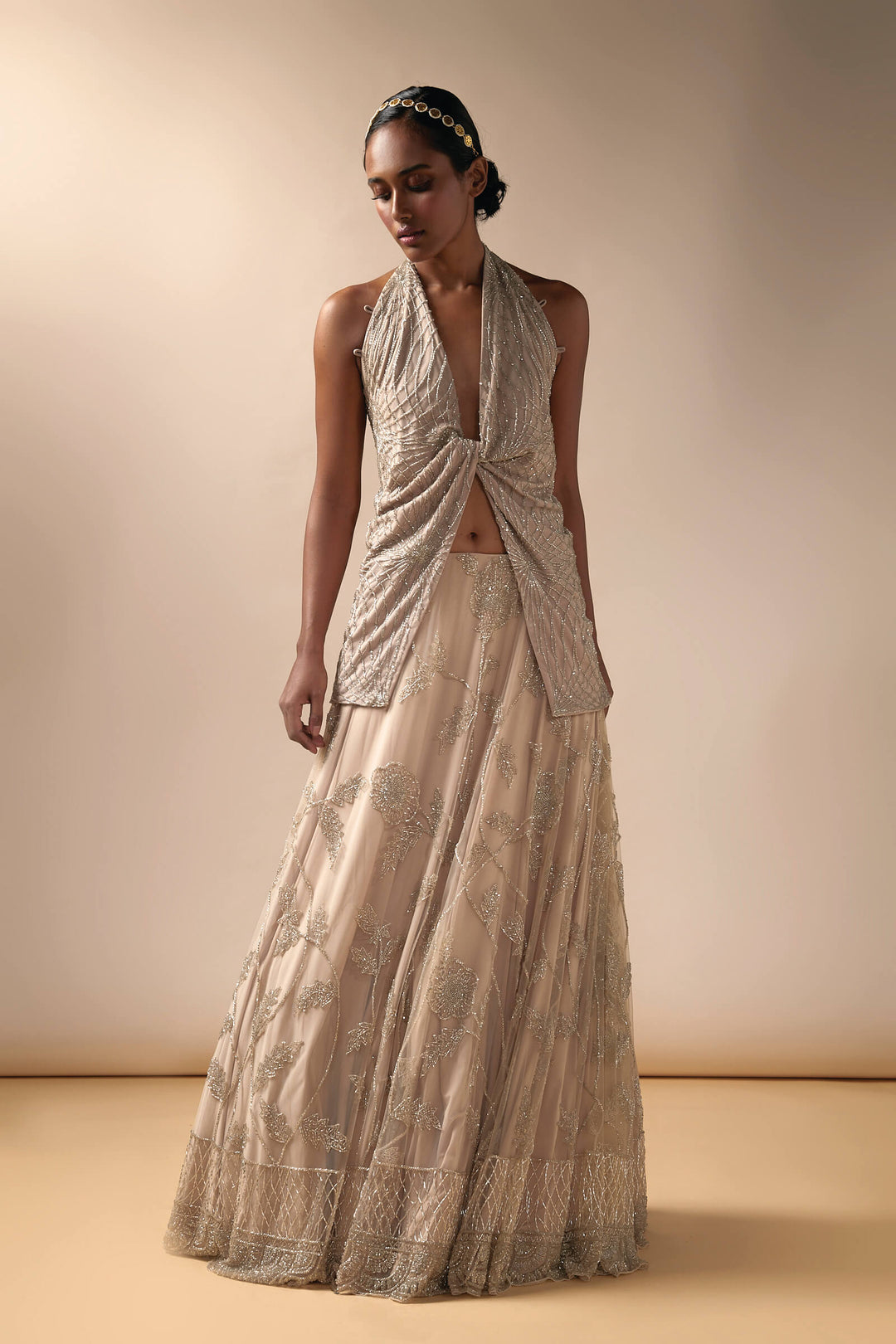 Tulle Lehenga With Halter Knotted Top (Nude)