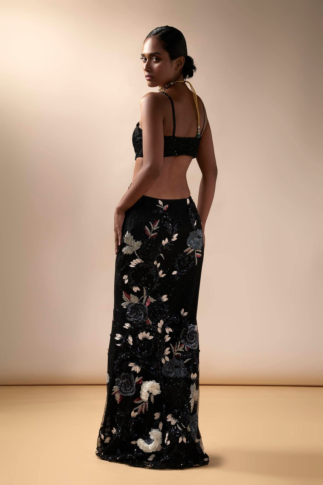 Black Cut Out Gown With 3d Flower Embroidery