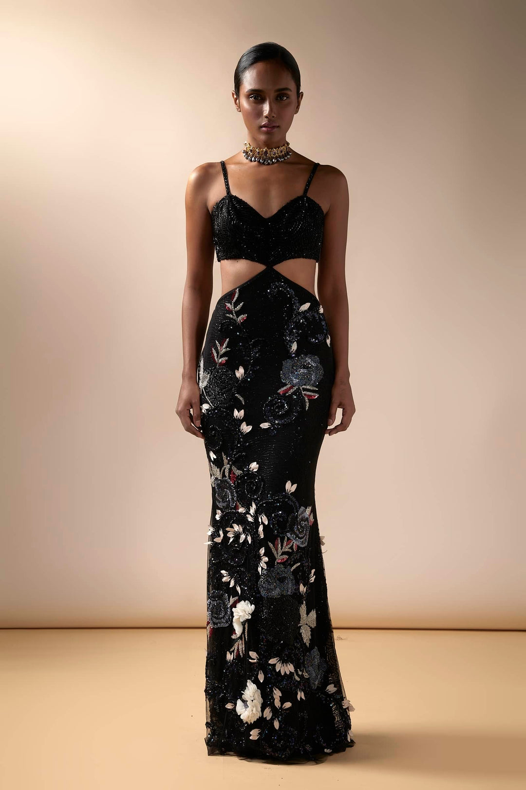 Black Cut Out Gown With 3d Flower Embroidery