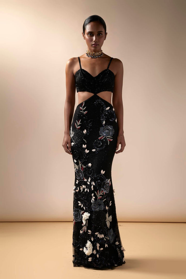 Black Cut Out Gown With 3d Flower Embroidery