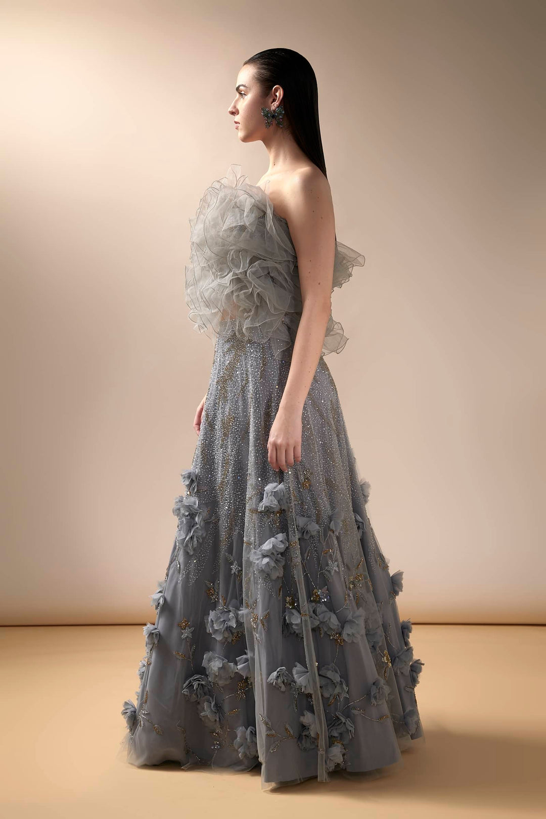 Grey Natasha Lehenga With Ruffled Poof Top
