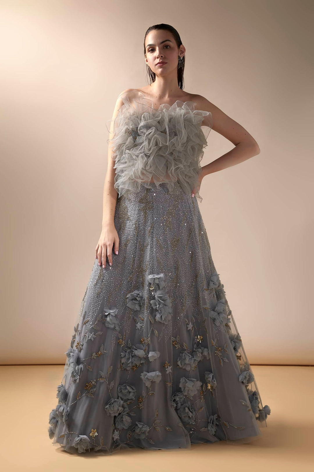 Grey Natasha Lehenga With Ruffled Poof Top