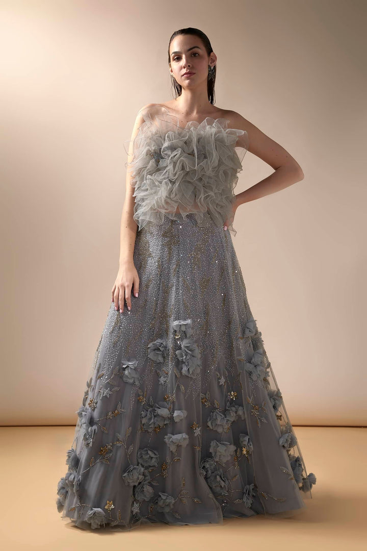 Grey Natasha Lehenga With Ruffled Poof Top